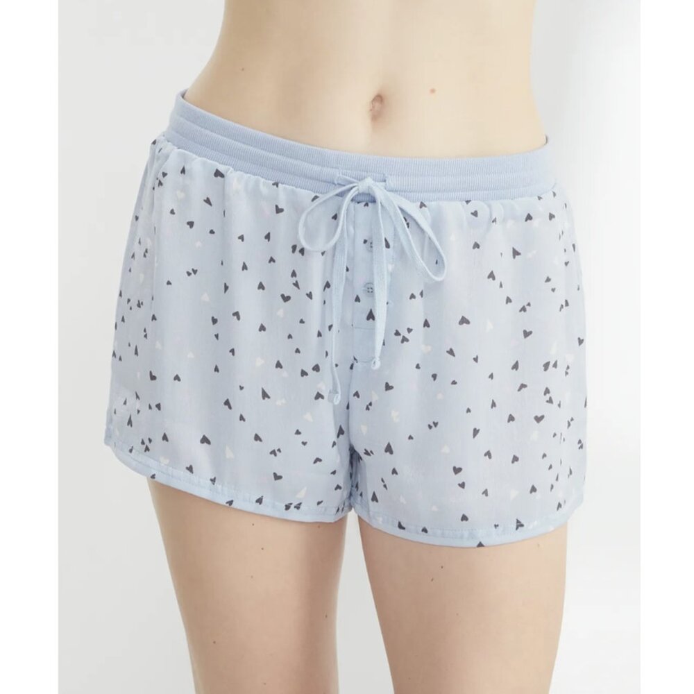 Rise and Shine Satin Shorts XL in Light Blue Floating Hearts Print